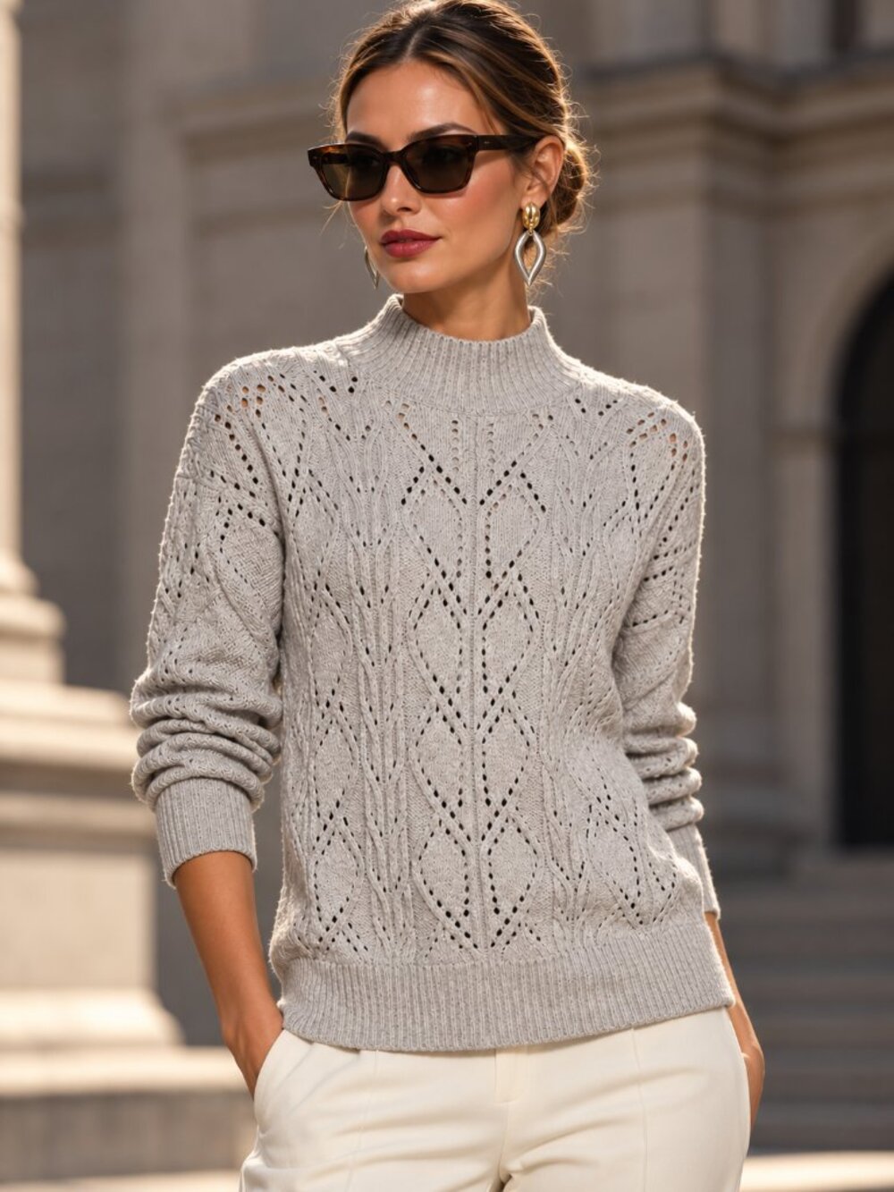 LOFT Cable Knit Mock Neck Sweater Gray Openwork Pullover Med NEW